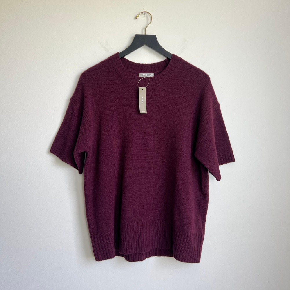 J.Crew Womens Oversized XS Lambswool Short Sleeve Crewneck Sweater Burgundy - Picture 2 of 10